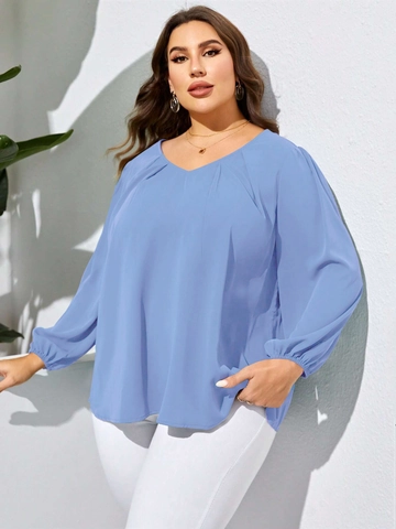 Women Plus Size V Neck Long Lantern Sleeve Blouse Casual Solid Color Loose Pleated Commuter Chiffon Look Shirt Top For Autumn