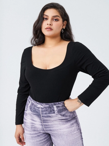 Women Plus Size Long Sleeve Square Neck Bodysuit Ribbed Knit Solid Color Slim Fit Stretchy Jumpsuit Top