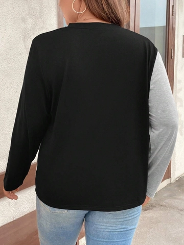 Camiseta de Manga Larga de Talla Grande para Mujer Bloques de Color Cuello Asimétrico Botones Madera Casual Top Punto