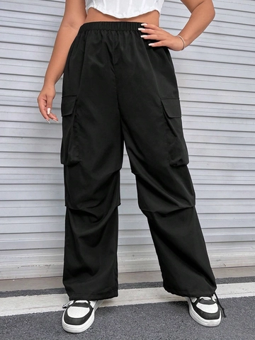 Women Plus Size Cargo Pants High Waist Elastic Waistband Multi Pocket Streetwear Casual Loose Long Trousers Solid Color Bottoms