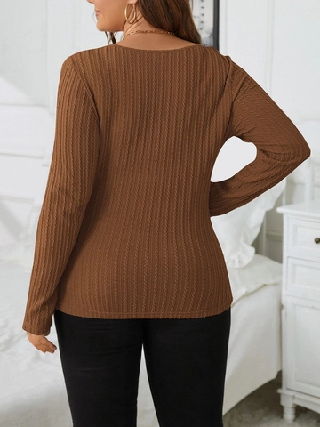 Γυναικείο T-Shirt Plus Size με Ριμπ Πλέξη Στενή Γραμμή Μακρύ Μανίκι Λαιμόκοψη V Casual Μείγμα Βαμβακιού Μονόχρωμο Πλεκτό