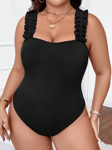 Body a Costine da Donna Taglie Forti Volant Senza Maniche Scollo Quadrato Vestibilità Slim Sexy Tuta Intera Top Nero