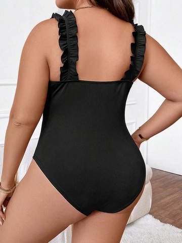 Body a Costine da Donna Taglie Forti Volant Senza Maniche Scollo Quadrato Vestibilità Slim Sexy Tuta Intera Top Nero