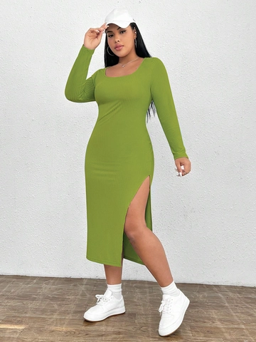 Γυναικείο Plus Size Μακρυμάνικο Πλεκτό Ριμπ Φόρεμα Bodycon Τετράγωνη Λαιμόκοψη Πλευρικό Σκίσιμο Ψηλόμεσο Midi Φόρεμα