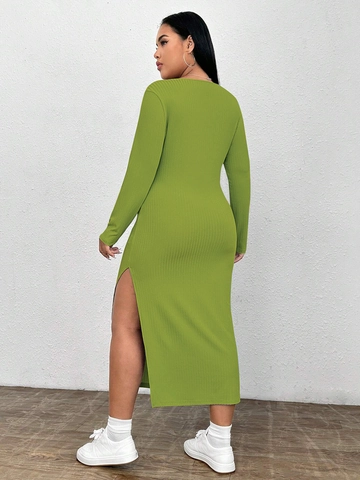 Γυναικείο Plus Size Μακρυμάνικο Πλεκτό Ριμπ Φόρεμα Bodycon Τετράγωνη Λαιμόκοψη Πλευρικό Σκίσιμο Ψηλόμεσο Midi Φόρεμα