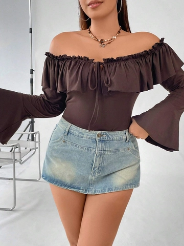 Top da Donna Taglie Forti con Scollo a Barca in Misto Viscosa Volant Maniche a Campana Blusa Elegante Casual