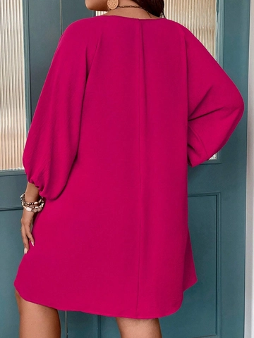 Plus Size Women Rose Red V Neck Lantern Sleeve Mini Dress Casual Elegant Solid Color A Line Puff Sleeve Short Dress