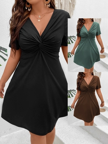 Women Plus Size Ribbed Knit V Neck Short Sleeve Twist Front A Line Mini Dress Solid Color Summer Casual Vacation Outfits