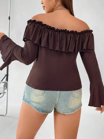Top da Donna Taglie Forti con Scollo a Barca in Misto Viscosa Volant Maniche a Campana Blusa Elegante Casual