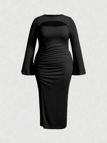 Women Plus Size Elegant Sexy Cutout Midi Dress Long Flared Sleeve Ruched Split Bodycon Knitted Party Dress