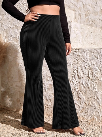 Pantalones de Campana de Cintura Alta de Talla Grande para Mujer de Punto Acanalado elásticos Pantalones Largos Informales Negros