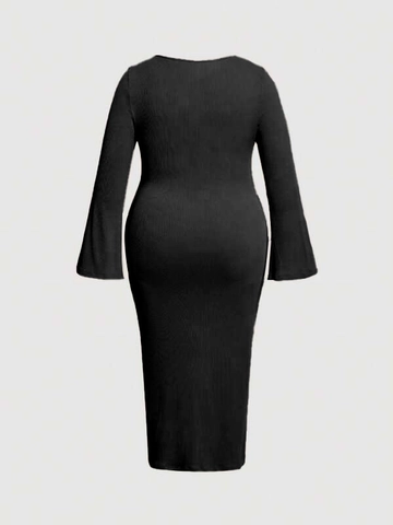 Women Plus Size Elegant Sexy Cutout Midi Dress Long Flared Sleeve Ruched Split Bodycon Knitted Party Dress
