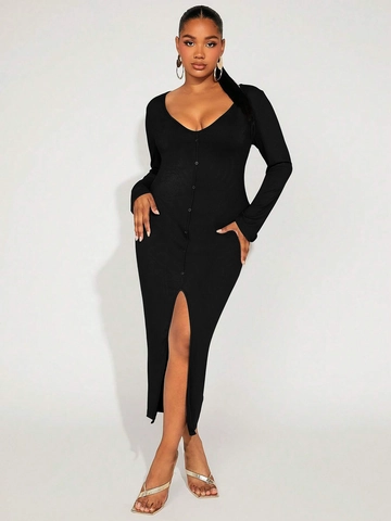 Abito Maxi Elegante Taglie Forti Manica Lunga a Coste Scollo a V Bottoni Davanti Spacco Alto Slim Fit Bodycon Sexy Stile Francese