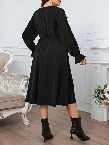 Vestito Midi a Linea A Scollo a V Maniche Lunghe Taglie Forti Donna Elegante con Volant Bottoni a Contrasto Maniche a Sbuffo Nero