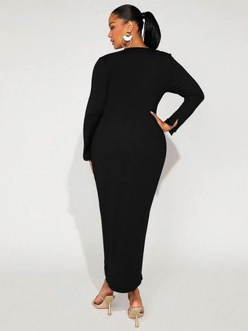 Abito Maxi Elegante Taglie Forti Manica Lunga a Coste Scollo a V Bottoni Davanti Spacco Alto Slim Fit Bodycon Sexy Stile Francese