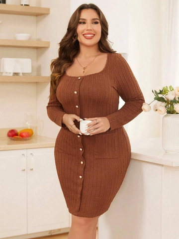 Plus Size Women Sexy Square Neck Long Sleeve Ribbed Knit Mini Bodycon Dress With Decorative Buttons And Pockets Elegant Slim Fit