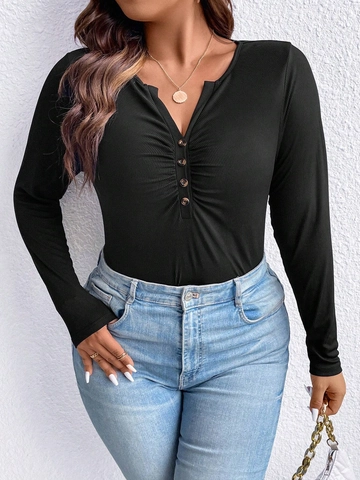 Women Plus Size Long Sleeve V Neck Ruched T Shirt Ribbed Knit Button Down Slim Fit Casual Solid Color Plus Size Fall Top