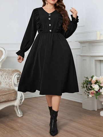 Vestito Midi a Linea A Scollo a V Maniche Lunghe Taglie Forti Donna Elegante con Volant Bottoni a Contrasto Maniche a Sbuffo Nero