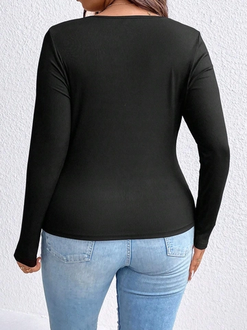 Women Plus Size Long Sleeve V Neck Ruched T Shirt Ribbed Knit Button Down Slim Fit Casual Solid Color Plus Size Fall Top