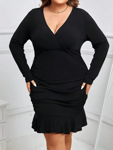 Women Plus Size Black V Neck Long Sleeve Ruched Bodycon Dress Elegant Ruffle Mermaid Hem Sexy Party Mini Dress