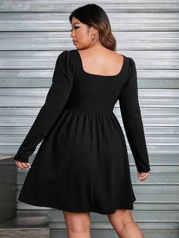 Plus Size Elegant Black Long Sleeve Square Neck Dress For Women Button Decor High Waist A-Line Mini Short Flare Dress