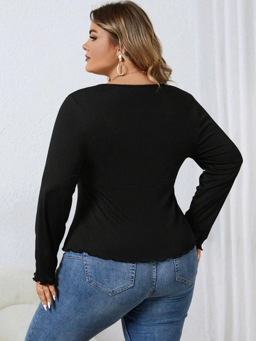 Plus Size Women V Neck Long Sleeve T-Shirt Ribbed Knit Tie Front Lettuce Edge Detail Casual Solid Color Black Top