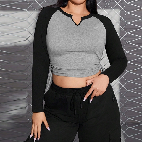 Dames Grote Maat Vintage Raglan Lange Mouwen V-Hals Rimpeling T-shirt Kleurblok Contrast Slim Fit Casual Korte Top