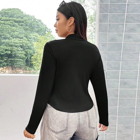 Women Plus Size Ribbed Knit Long Sleeve T Shirt Half Zipper Slim Fit Solid Color Cropped Top Sexy Streetwear Spring Autumn