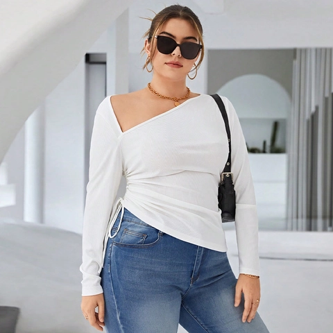 Women Plus Size Asymmetrical Off Shoulder Long Sleeve Ruched T-Shirt Slim Fit Viscose Blend Solid White Fashion Top