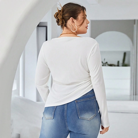 Women Plus Size Asymmetrical Off Shoulder Long Sleeve Ruched T-Shirt Slim Fit Viscose Blend Solid White Fashion Top