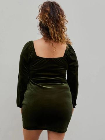 Plus Size Sexy Square Neck Ruched Velvet Bodycon Midi Dress Long Puff Sleeve Backless Party Dress For Women