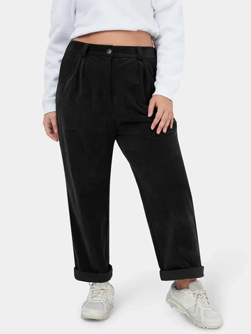 Pantaloni Donna Taglie Forti Nero Velluto a Coste Gamba Dritta Vita Alta Vintage Casual Streetwear Con Tasche Comodi