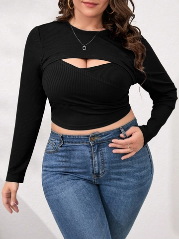 Women Plus Size Cut Out Ribbed Knit Crop Top Sexy Long Sleeve Slim Fit O-Neck Layered Base Layer Black Streetwear Top