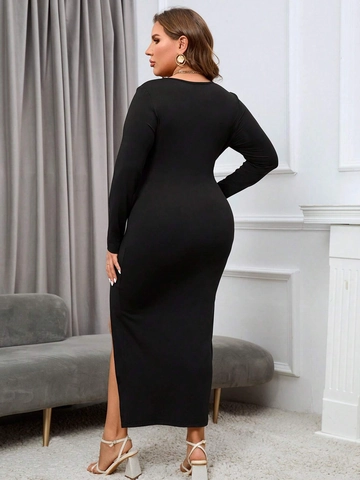 Women Plus Size Bodycon Dress Long Sleeve Sweetheart Neck Ruched High Slit Viscose Elastane Elegant Slim Fit Midi Dress