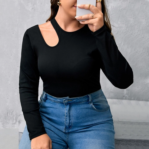 Plus Size Women Black Ribbed Knit T-Shirt Hollow Out Long Sleeve Round Neck Slim Fit Basic Solid Casual Top For Ladies