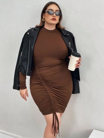 Women Plus Size Ruched Long Sleeve Bodycon Dress Sexy Mock Neck Solid Color Brown Slim Fit Viscose Elastic Mini Dress