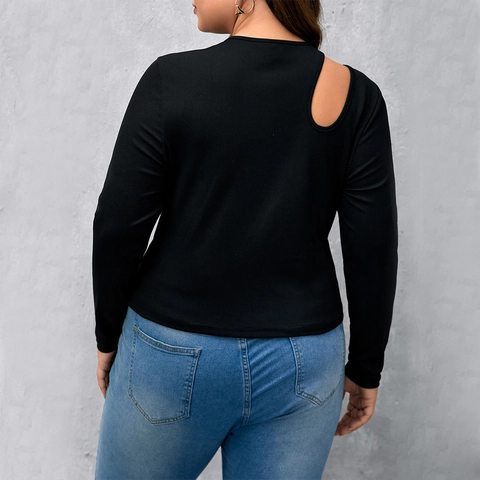 Plus Size Women Black Ribbed Knit T-Shirt Hollow Out Long Sleeve Round Neck Slim Fit Basic Solid Casual Top For Ladies