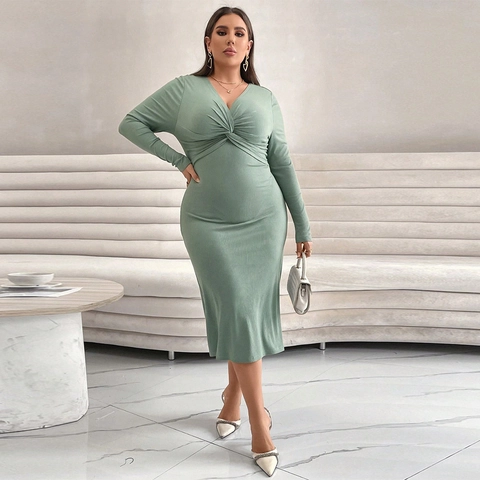 Abito Midi in Maglia a Costine Taglie Forti Verde Salvia Scollo a V Nodo Intrecciato Manica Lunga Slim Fit Casual Elegante