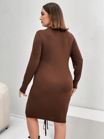 Women Plus Size Ruched Long Sleeve Bodycon Dress Sexy Mock Neck Solid Color Brown Slim Fit Viscose Elastic Mini Dress