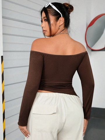 Women Plus Size Sexy Off Shoulder Long Sleeve T-Shirt Solid Color Slim Fit Ruched Chic Knit Top For Autumn Winter