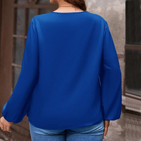 Women Plus Size V Neck Lantern Sleeve Chiffon Blouse Elegant Solid Color Loose Top For Casual Daily Office Wear