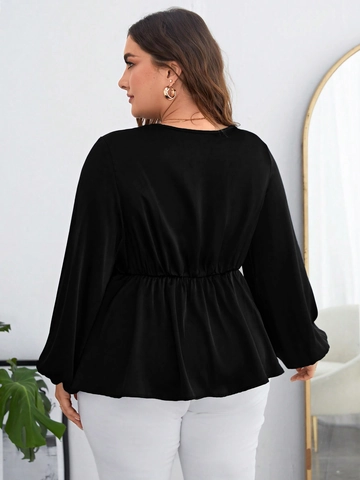 Camicetta a Sbuffo con Scollo a V Taglie Forti da Donna Top in Satin a Maniche Lunghe con Vita Arricciata Elegante