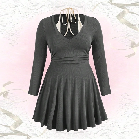 Damen Übergröße Langarm V-Ausschnitt Kleid Fake Two Piece Halterneck Gerippter Strick Raffungen A-Linie Sexy Partykleid