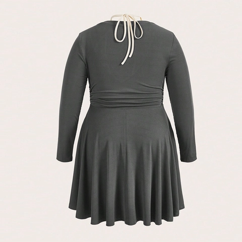 Damen Übergröße Langarm V-Ausschnitt Kleid Fake Two Piece Halterneck Gerippter Strick Raffungen A-Linie Sexy Partykleid