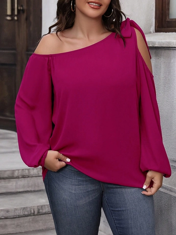 Top de Manga Larga con Hombros Descubiertos para Mujer Talla Grande Fucsia Detalle de Lazo Blusa Casual Corte Holgado