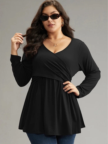 Damen Plus Size V-Ausschnitt Wickeltop Einfarbig Geraffte Taille Schößchen Saum Langarm T-Shirt Lässig Schlank Elegant Bluse