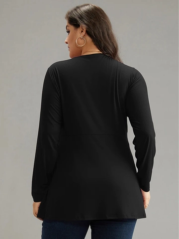 Damen Plus Size V-Ausschnitt Wickeltop Einfarbig Geraffte Taille Schößchen Saum Langarm T-Shirt Lässig Schlank Elegant Bluse