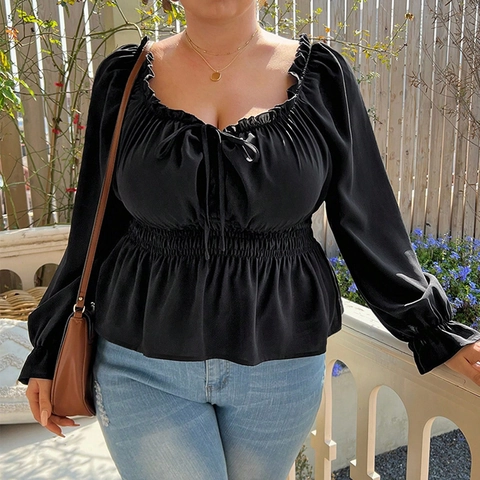 Top Talla Grande Mujer Negro Cuello Cuadrado Manga Abullonada Cintura Fruncida Blusa Peplum Dobladillo Volantes Cordón Sexy