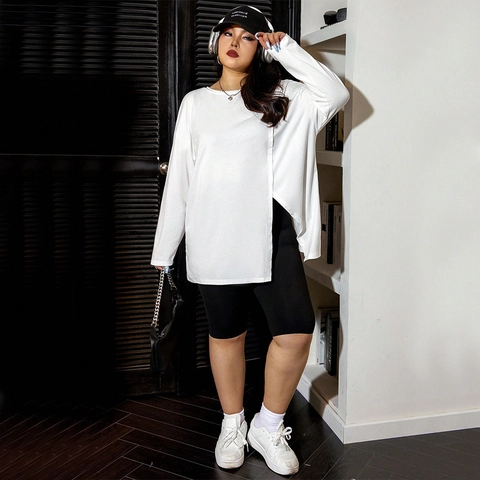 Damen Plus Size Casual Langarm T-Shirt Asymmetrischer Saum Seitenschlitz Rundhals Baumwollmischung Locker Top