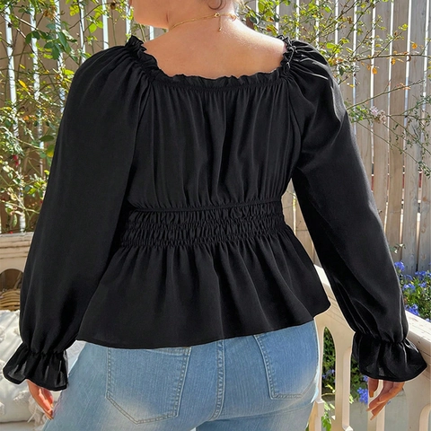 Top Talla Grande Mujer Negro Cuello Cuadrado Manga Abullonada Cintura Fruncida Blusa Peplum Dobladillo Volantes Cordón Sexy